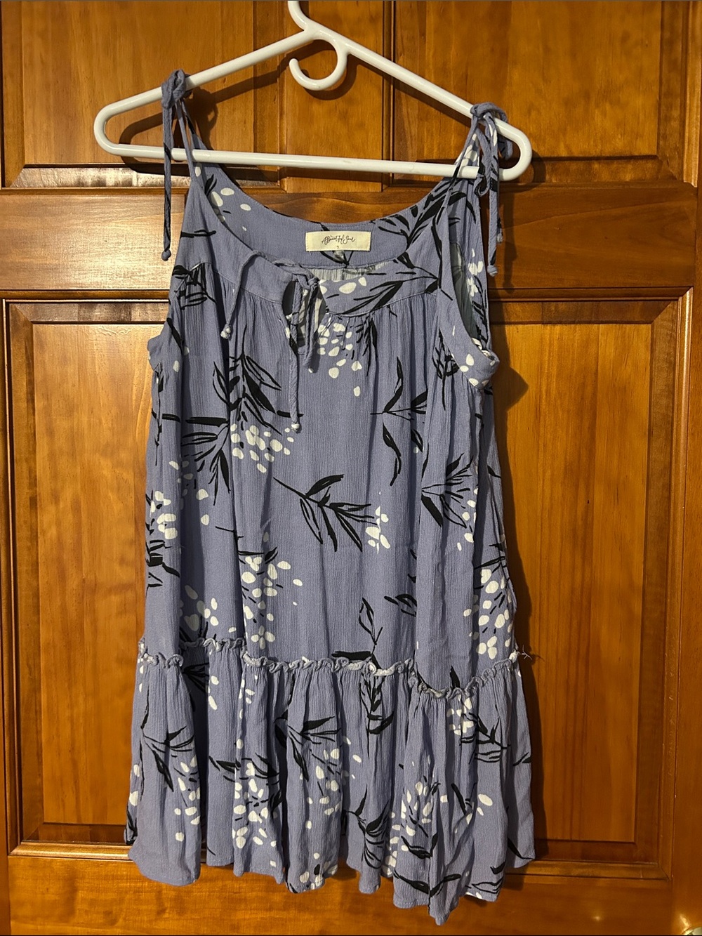 Trafaluc (TRF) Dusty Blue Floral Tie-Shoulder Tiered Tank